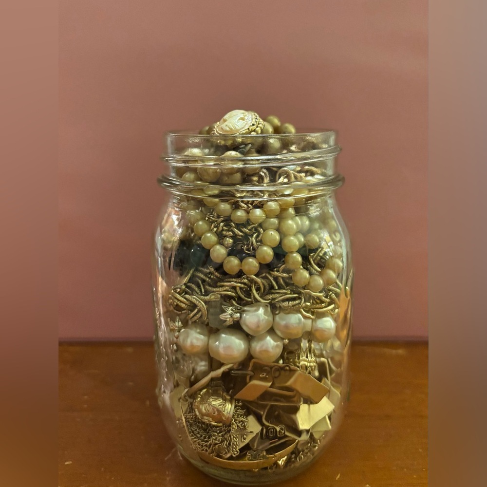 Vintage Gold and Pearl Mystery Jewelry Jar
